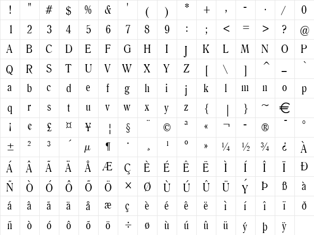 RoomyCondensed Normal  glyph index
