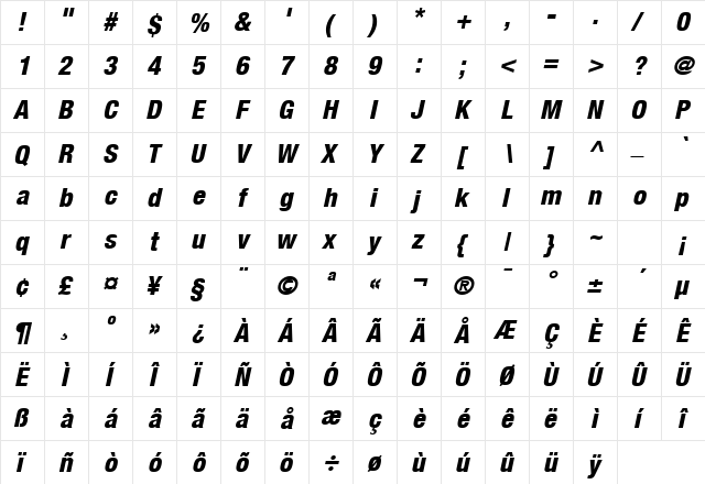 HeaveneticaCond8 HvyOblSH  glyph index