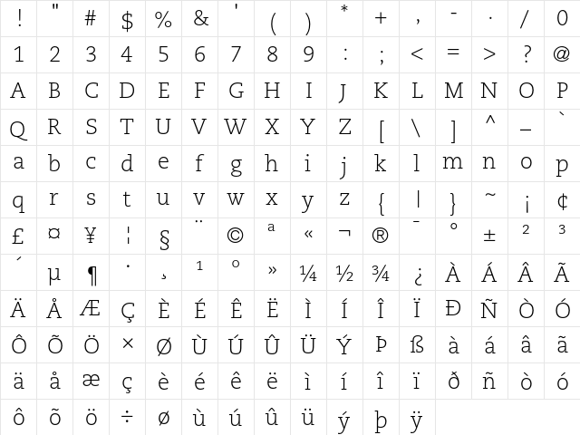 PMN Caecilia 45 Light  glyph index