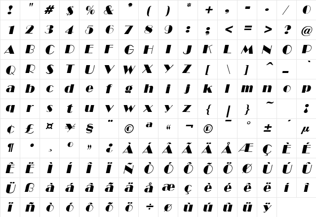 NewYorkDeco Oblique  glyph index