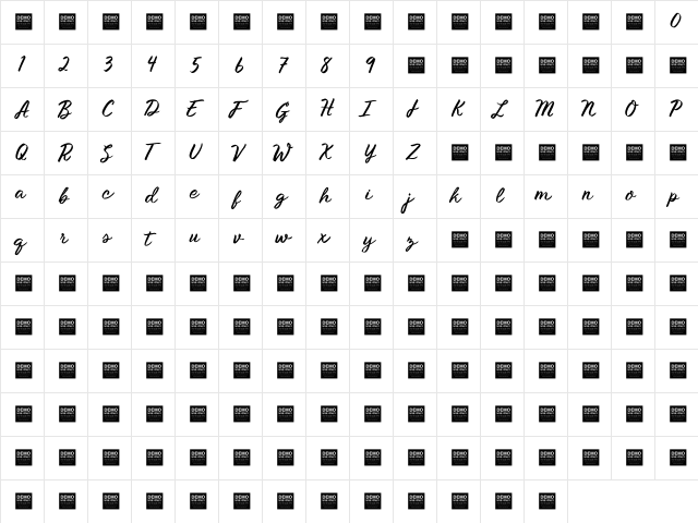 Mount Royal - Demo Regular  glyph index