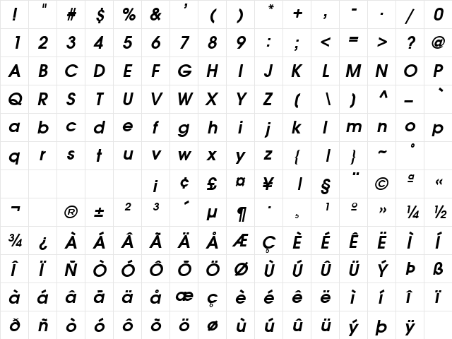 VANGARDBI old Italic  glyph index