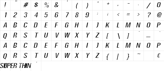 Super Thin Italic  glyph index