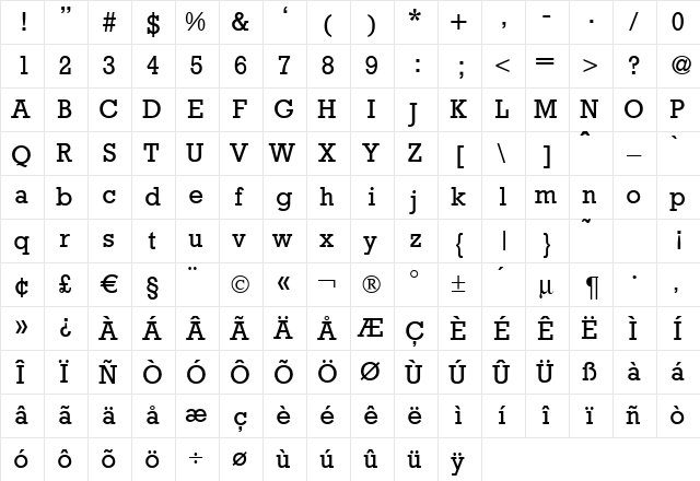 Rambault Regular  glyph index