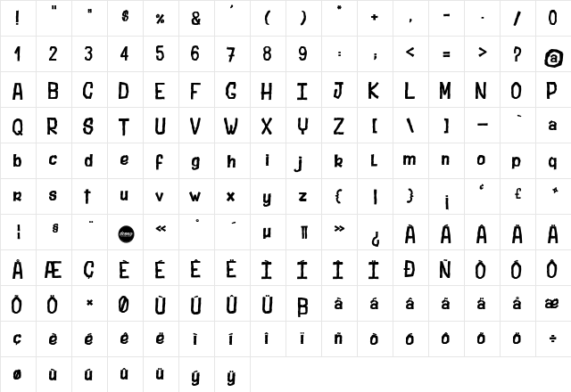 Stubborn Shark Regular  glyph index