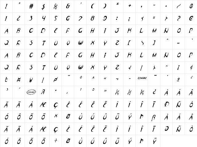 Oubliette Condensed Italic Condensed Italic  glyph index