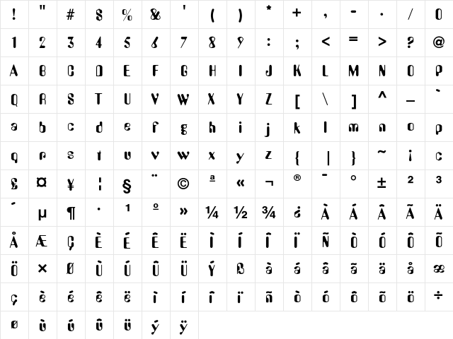 Amelia Normal  glyph index