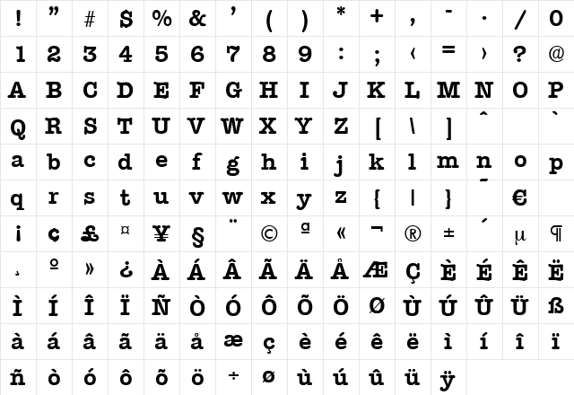 Typewriter-DemiBold Regular  glyph index
