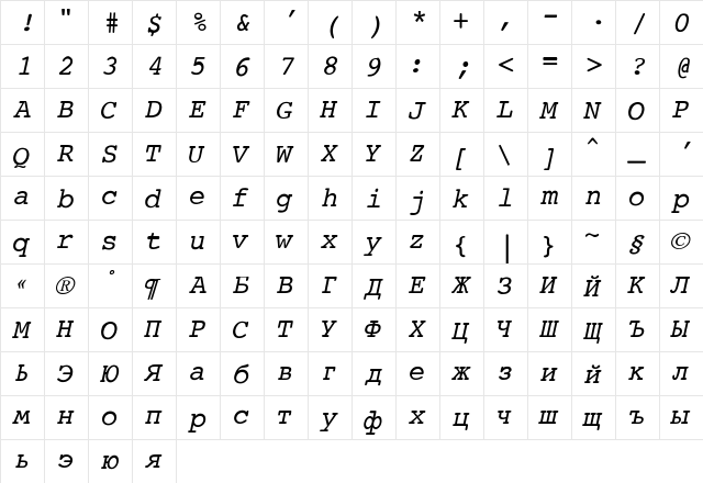 Courier-Normal-Italic Regular  glyph index