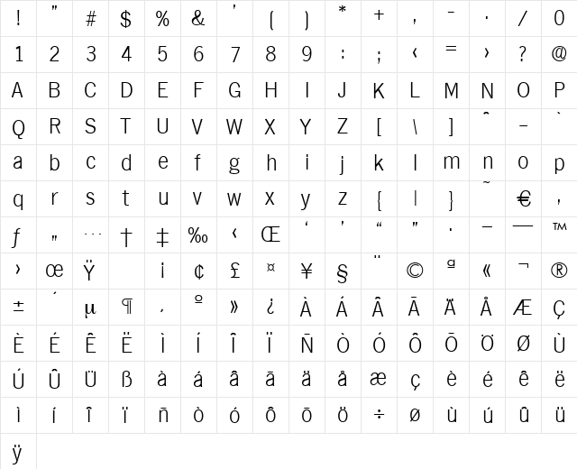 Hamburg-Xlight Regular  glyph index
