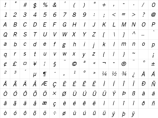 Trade Gothic LT Com Oblique  glyph index