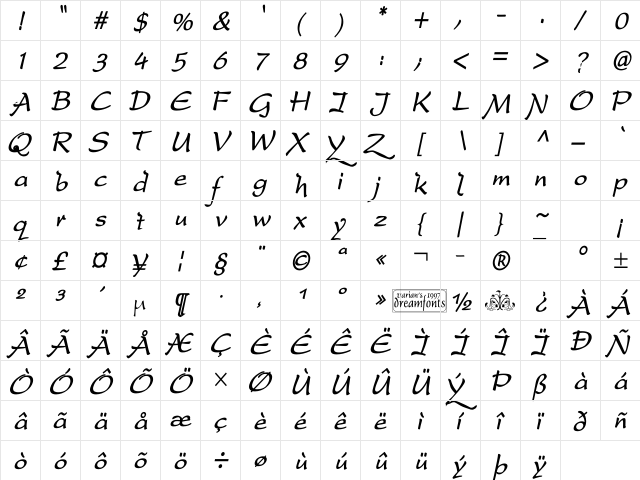 DreamerOne BoldItalic  glyph index