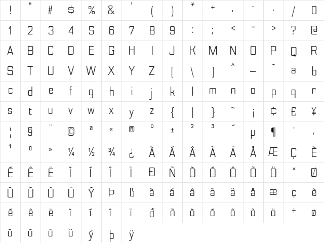 Nesobrite Semi-Condensed Book  glyph index