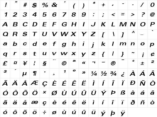 Univers63-Extended BoldItalic  glyph index