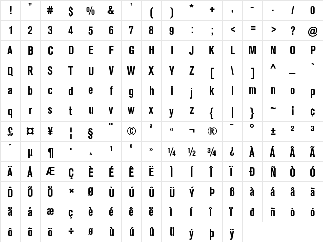 Akzidenz-Grotesk BQ Bold Condensed  glyph index