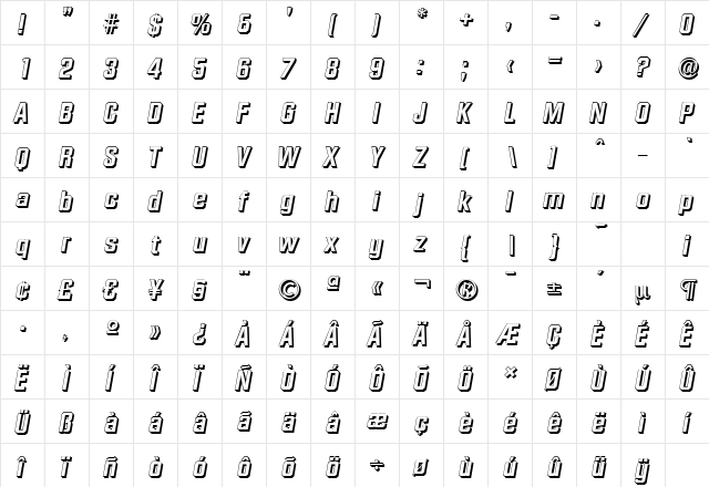 DiamanteShadow BoldItalic  glyph index