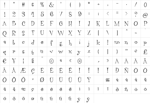 Vegacute Regular  glyph index