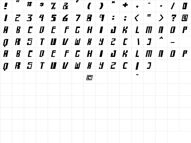 shellhead Bold Italic  glyph index