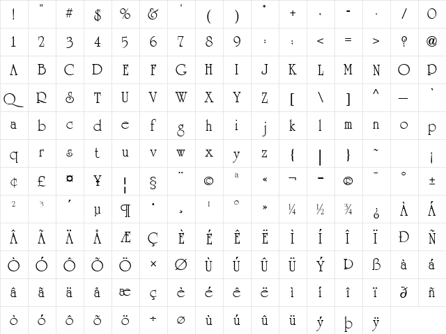 University ICG Regular  glyph index