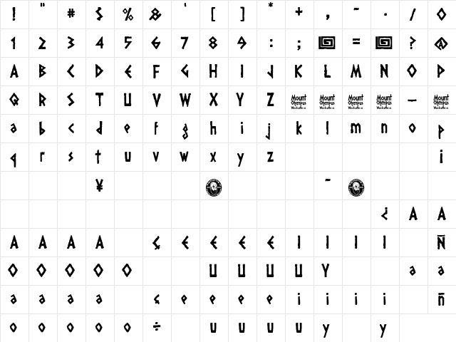 Mount Olympus Regular  glyph index
