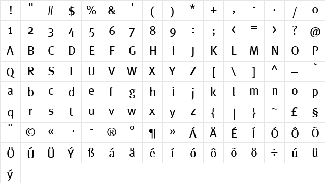 MetaBookCE Roman  glyph index