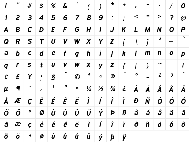 Expressway Bold Italic  glyph index