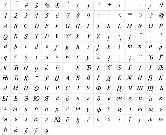 NewtonISOCTT Italic  glyph index