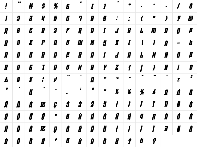 EAST-west Expanded Italic Expanded Italic  glyph index