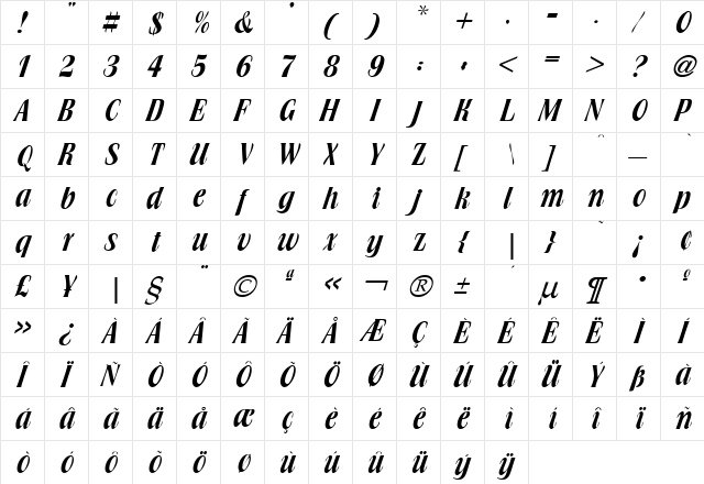 Brochure Regular  glyph index