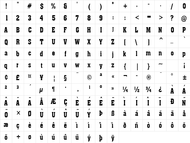 Ache Condensed Bold  glyph index