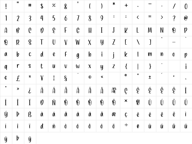 Vaneisya Regular  glyph index