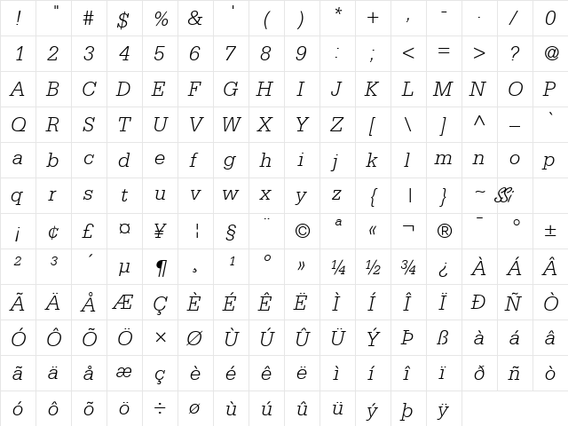 Metron Light SSi Light Italic  glyph index