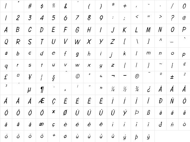 Copybook-Condensed Italic  glyph index