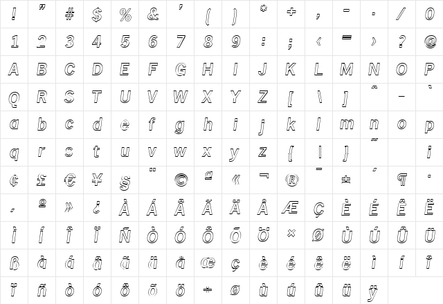 StephenBeckerOutline-Medium Italic  glyph index