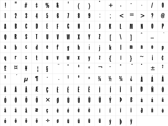 Verkehr ITC Bold  glyph index