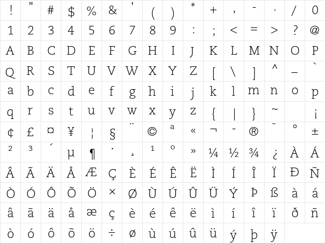 Caecilia LT Std 45 Light  glyph index