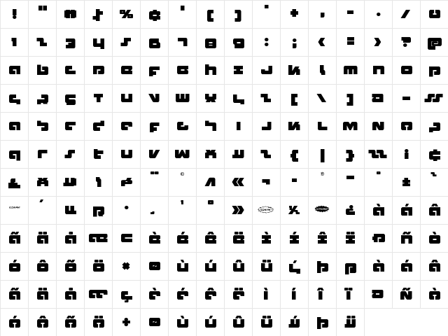 Boomstick Regular  glyph index