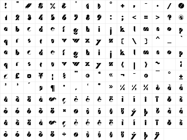 Traffic Regular  glyph index