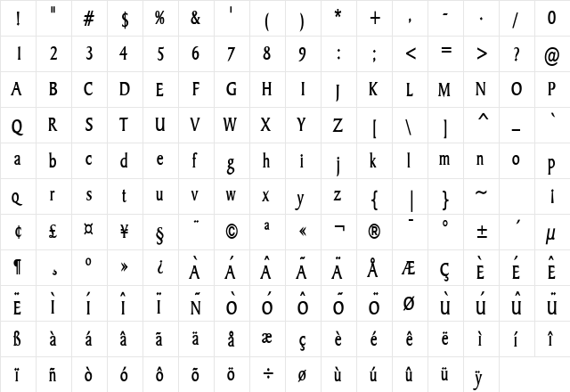 Barrett Thin Bold  glyph index