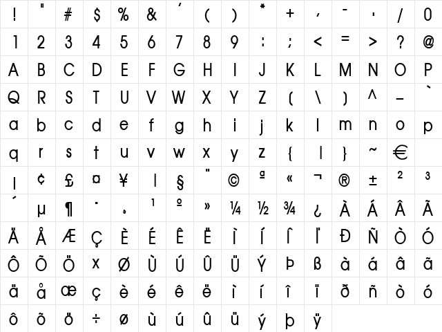 AtillaCondensed Bold  glyph index