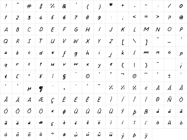 tintin Regular  glyph index
