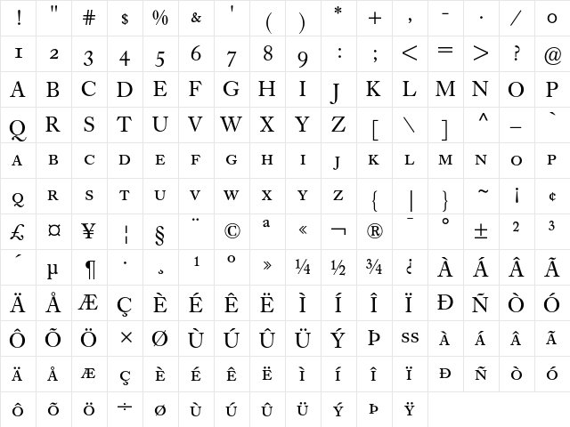 Caslon Book BE Regular Small Caps & Oldstyle Figures  glyph index