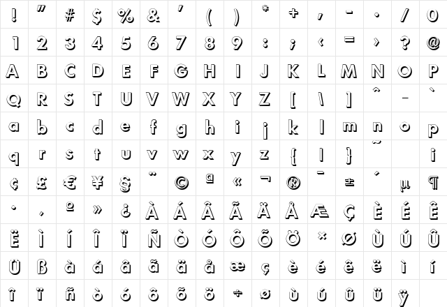 LimerickShadow Bold  glyph index