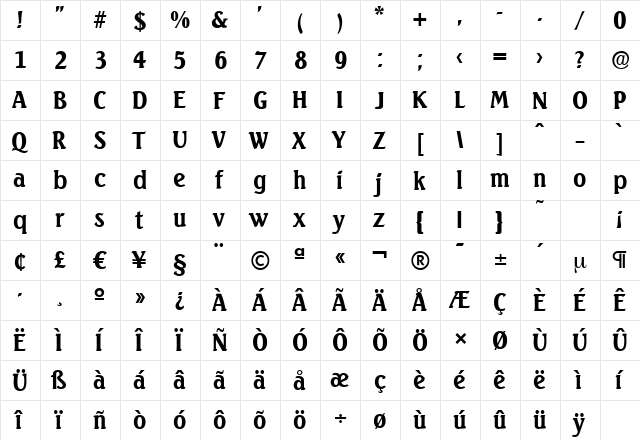 SeagullSerial Bold  glyph index