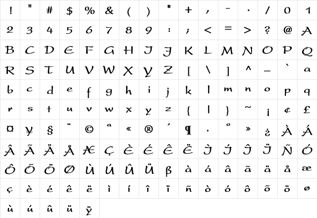 Prescript Bold Bold  glyph index