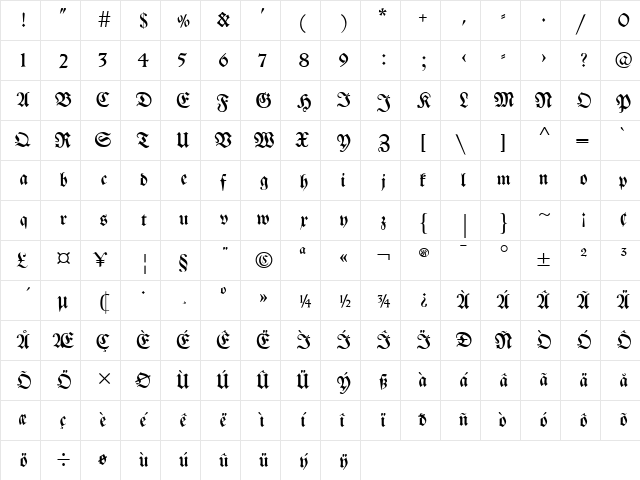 Breitkopf FrakturUNZ1L Italic  glyph index