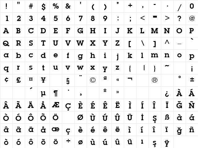 TR McLean Bold  glyph index
