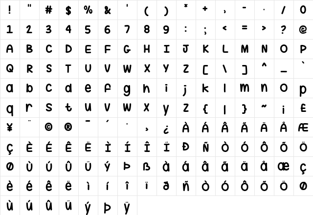 Hug Me Tight Regular  glyph index