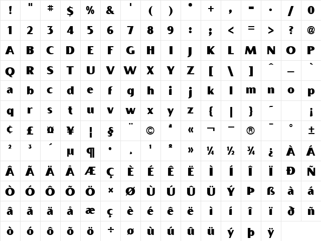 Boca Raton Solid Regular  glyph index
