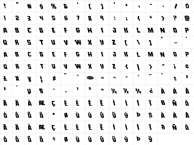 Monster Hunter Leftalic Italic  glyph index